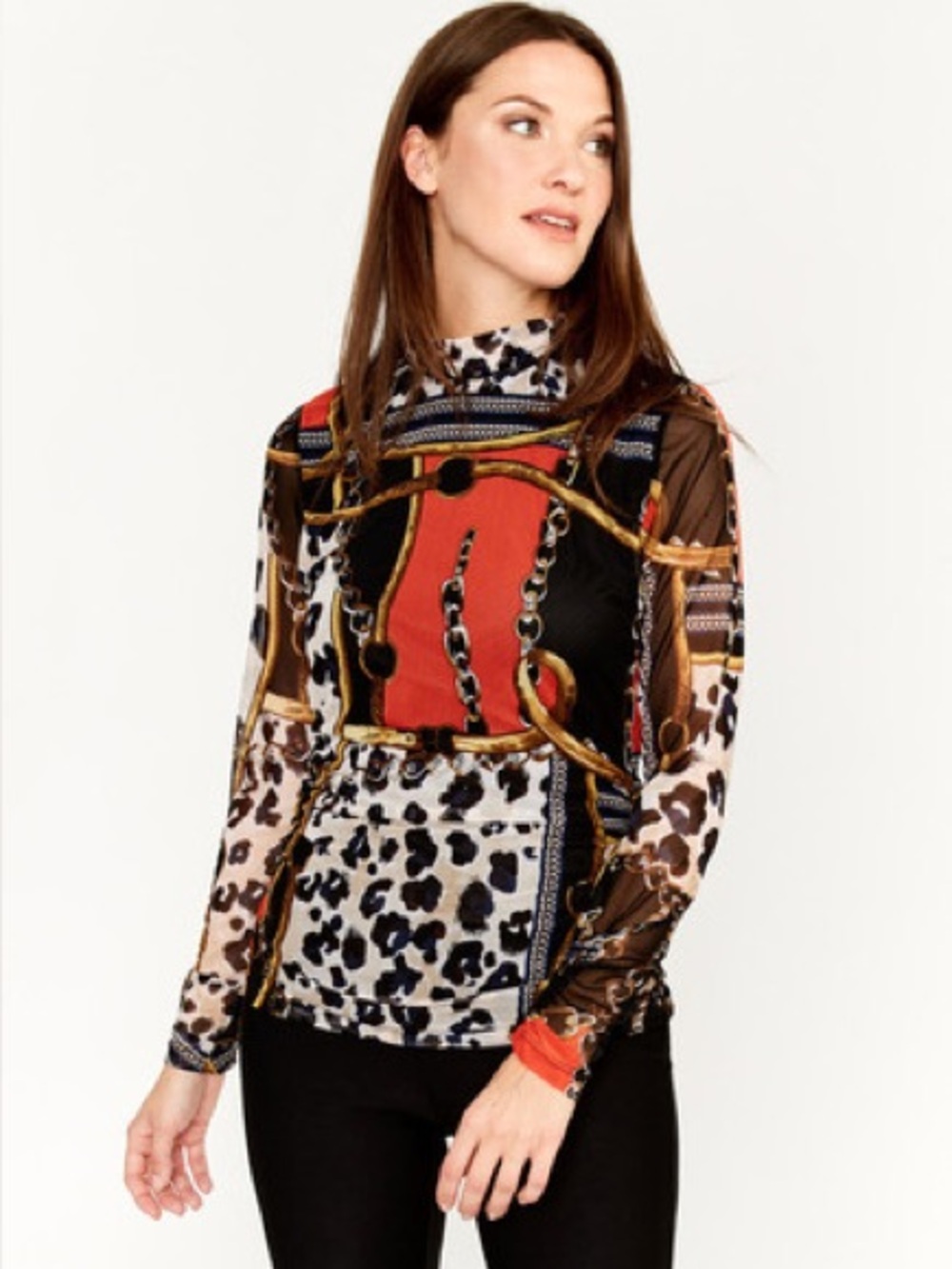 Frank Lyman Mixed Print Long Sleeve Top Black Orange Sheer Size 4 NWT - Picture 1 of 11